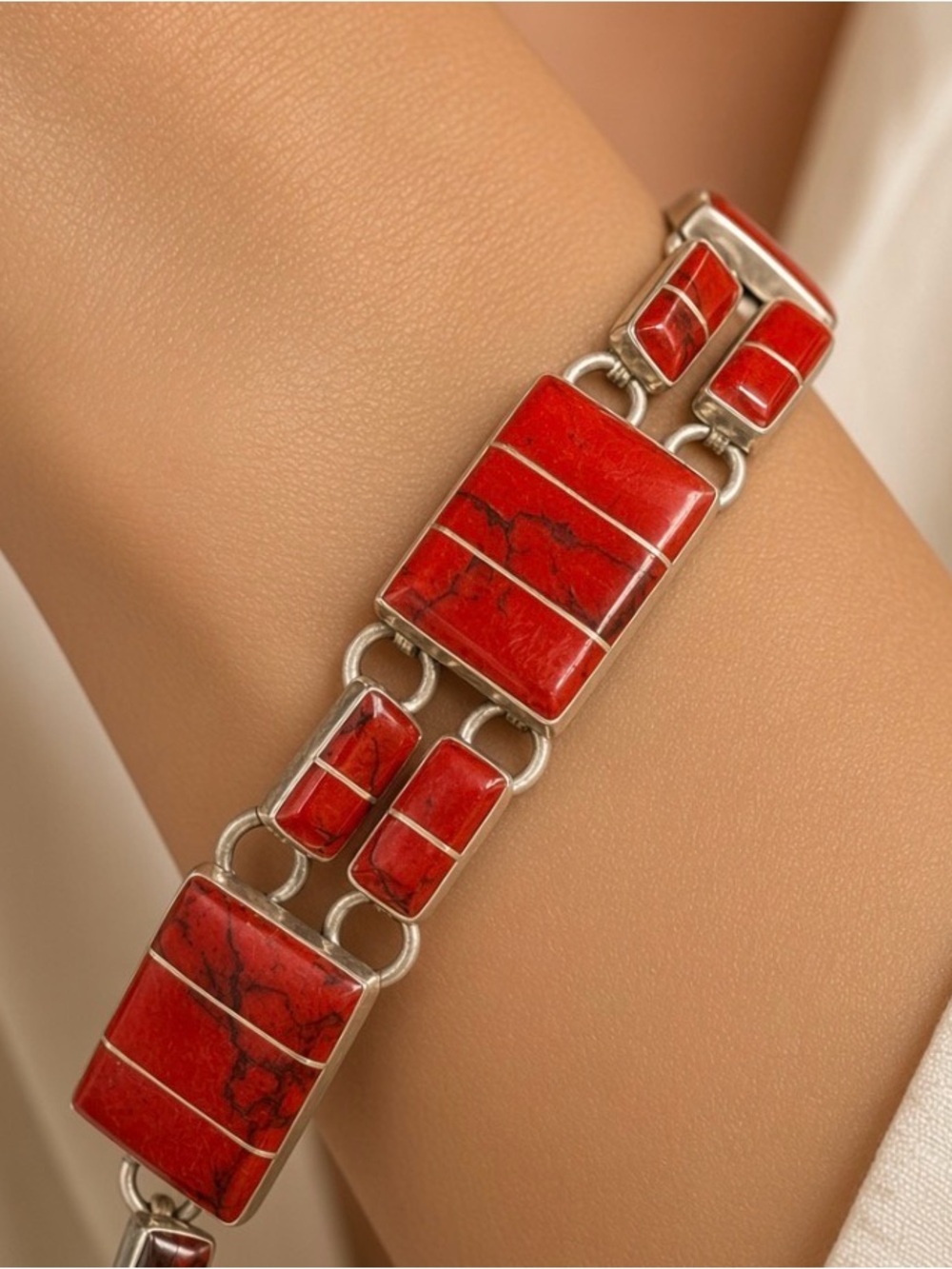 Red Jasper Stone Inlay Link Bracelet Mexico .925 - Women's Jewelry